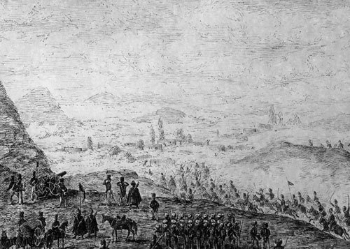 Фрагмент рисунка "Нападение на аул абадзехов" (период русско-кавказской войны). Рисунок взят из альбома Тенгинского полка, стр 47. Источник: Государственный Исторический Музей г. Москвы. Изображение с сайта http://circassiangenocide.org