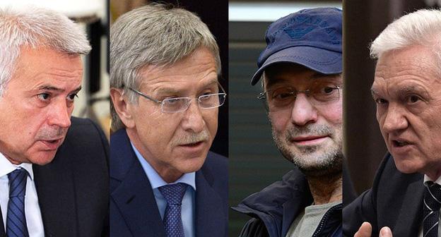 Вагит Алекперов, Леонид Михельсон, Сулейман Керимов и Геннадий Тимченко (слева направо). Коллаж "Кавказского узла" Фото: Russian Presidential Press and Information Office https://ru.wikipedia.org, Kremlin.ru https://ru.wikipedia.org, REUTERS/Stringer Вагит Алекперов, Леонид Михельсон, Сулейман Керимов и Геннадий Тимченко (слева направо). Коллаж "Кавказского узла" Фото: Russian Presidential Press and Information Office https://ru.wikipedia.org, Kremlin.ru https://ru.wikipedia.org, REUTERS/Stringer