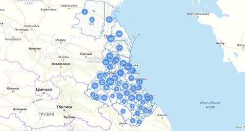 Скриншот карты Количество заболевших коронавирусом в городах и районах Дагестана https://mydagestan.e-dag.ru/