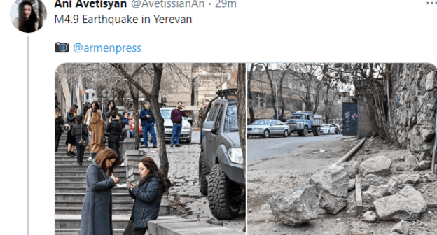Последствия землетрясения в Ереване 13 февраля 2021 года. Скриншот сообщения https://twitter.com/AvetissianAn/status/1360565417182437377