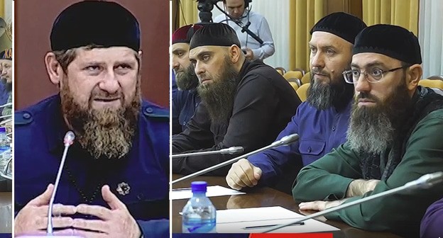 Чеченские силовики на заседании Оперштаба по борьбе с коронавирусом в Чечне 25 мая 2021 года,
Рамзан Кадыров. Кадры видео пресс-службы Р.Кадырова https://vk.com/video279938622_456244260?t=4m18s,коллаж "Кавказского узла" Чеченские силовики на заседании Оперштаба по борьбе с коронавирусом в Чечне 25 мая 2021 года,
Рамзан Кадыров. Кадры видео пресс-службы Р.Кадырова https://vk.com/video279938622_456244260?t=4m18s,коллаж "Кавказского узла"