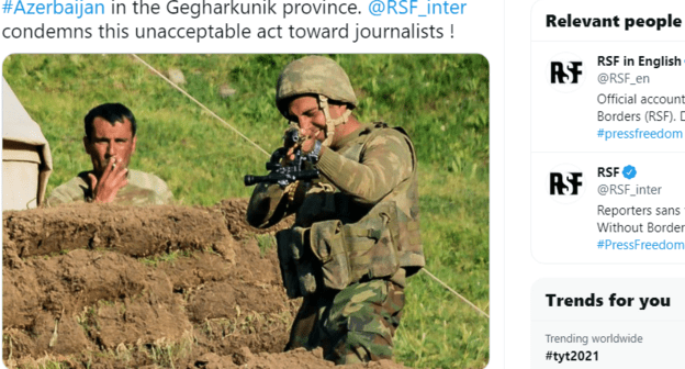Скриншот публикации "Репортеров без границ" об инциденте на армяно-азербайджанской границе 15 июня 2021 года, https://twitter.com/RSF_en/status/1407747497863307266 Скриншот публикации "Репортеров без границ" об инциденте на армяно-азербайджанской границе 15 июня 2021 года, https://twitter.com/RSF_en/status/1407747497863307266
