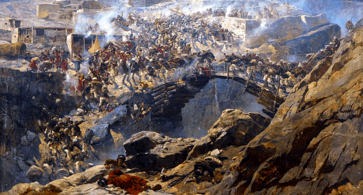 Эскиз картины Рубо о штурме Ахульго. Фото https://ru.wikipedia.org/wiki/Штурм_аула_Ахульго_(панорама) Эскиз картины Рубо о штурме Ахульго. Фото https://ru.wikipedia.org/wiki/Штурм_аула_Ахульго_(панорама)