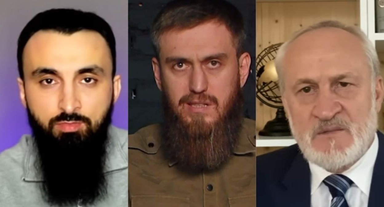 Тумсо Абдурахманов, Чингиз Ахмадов и Ахмед Закаев. Стоп-кадр видео из ТГ-канала Ахмадова и YouTube-каналов Абдурахманова и Закаева. Тумсо Абдурахманов, Чингиз Ахмадов и Ахмед Закаев. Стоп-кадр видео из ТГ-канала Ахмадова и YouTube-каналов Абдурахманова и Закаева.