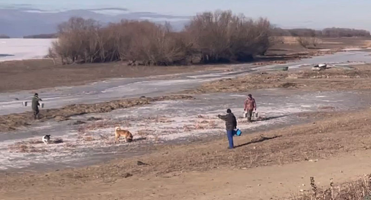 Жители села Зеленга набирают воду в реке. Стоп-кадр из видео https://vk.com/wall-137438927_3864 Жители села Зеленга набирают воду в реке. Стоп-кадр из видео https://vk.com/wall-137438927_3864