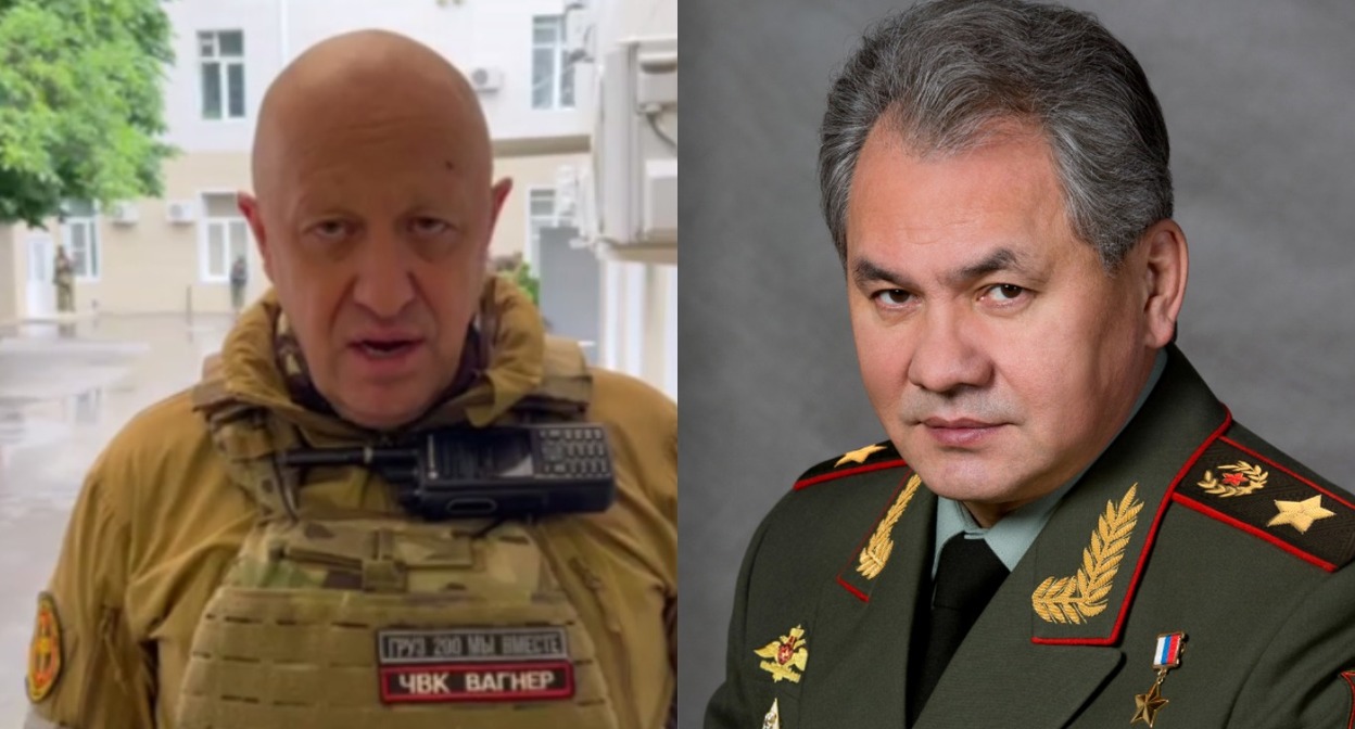 Пригожин и Шойгу. Коллаж “Кавказского узла”. Скриншот фото https://мультимедиа.минобороны.рф/multimedia/photo/gallery.htm?id=18341@cmsPhotoGallery и стоп-кадр видео https://t.me/Prigozhin_hat/3811. Пригожин и Шойгу. Коллаж “Кавказского узла”. Скриншот фото https://мультимедиа.минобороны.рф/multimedia/photo/gallery.htm?id=18341@cmsPhotoGallery и стоп-кадр видео https://t.me/Prigozhin_hat/3811.