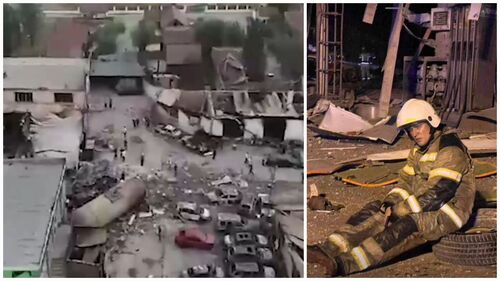 Коллаж "Кавказского узла”. 
Стопкадр видеосъемки дрона, пролетающего над местом взрывов https://t.me/sapakavkaz/754
На месте взрыва на АЗС в Махачкале. Стоп-кадр из видео https://www.youtube.com/watch?v=klV0gky9fjE