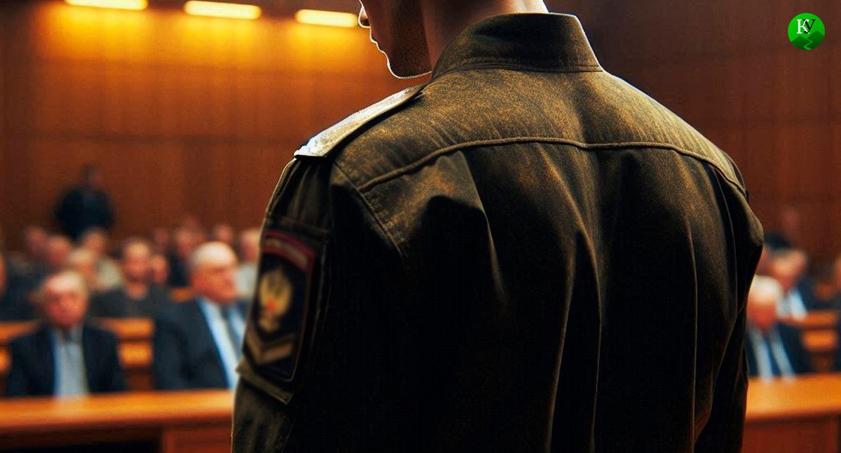 Военный в суде. Иллюстрация создана «Кавказским узлом» с помощью ИИ в программе Photoshop
