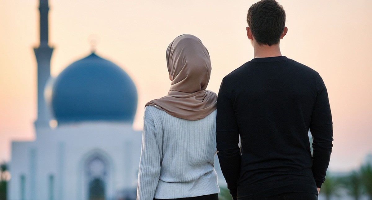 Пара на фоне мечети. Иллюстрация создана «Кавказским узлом» с помощью ИИ в программе Photoshop