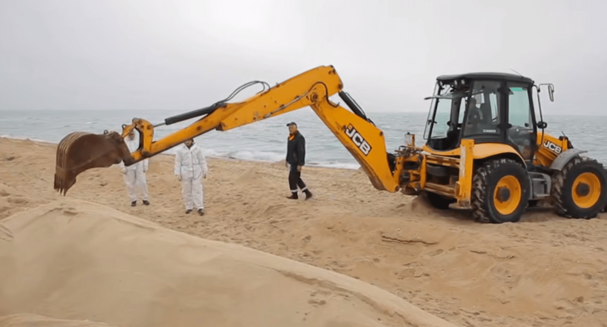 Уборка защитного вала на Бугазской косе. Стоп-кадр видео из Telegram-канала оперштаба от 06.04.25, https://t.me/opershtab23/13121