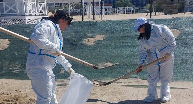 Уборка мазута на пляже в Анапе. 15 мая 2025 г. Фото: https://t.me/opershtab23/13490