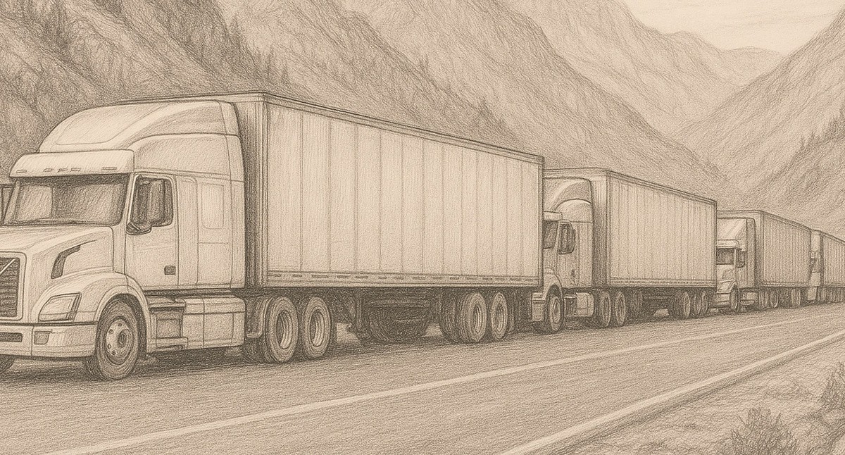 Очередь из грузовиков. Иллюстрация создана "Кавказским узлом" с помощью ИИ в программе Copilot