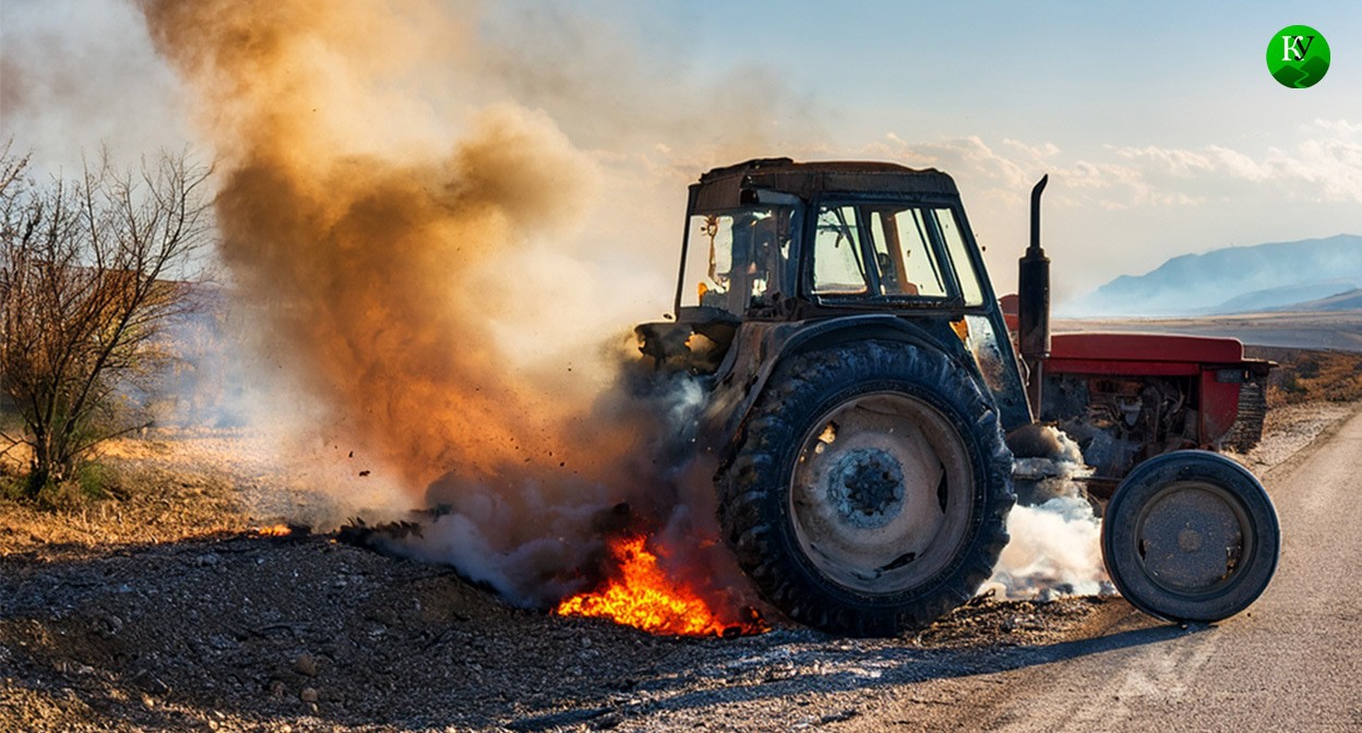 Трактор подорвался на мине. Иллюстрация создана «Кавказским узлом» с помощью ИИ в программе Photoshop