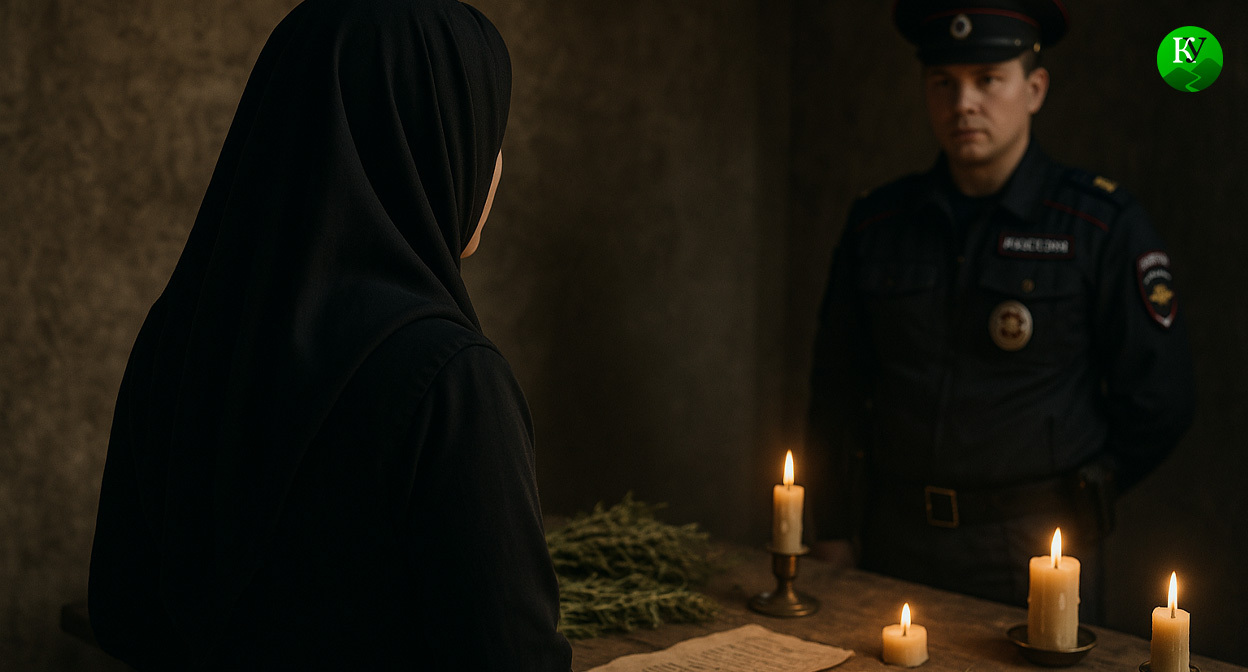 Оккультные услуги и полицейский. Иллюстрация создана «Кавказским узлом» с помощью ИИ в программе Copilot