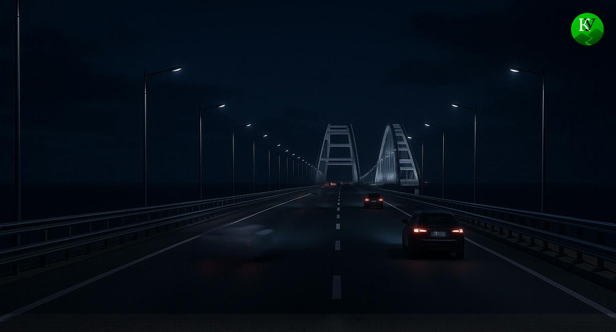 Крымский мост ночью. Иллюстрация создана «Кавказским узлом» с помощью ИИ в программе Copilot