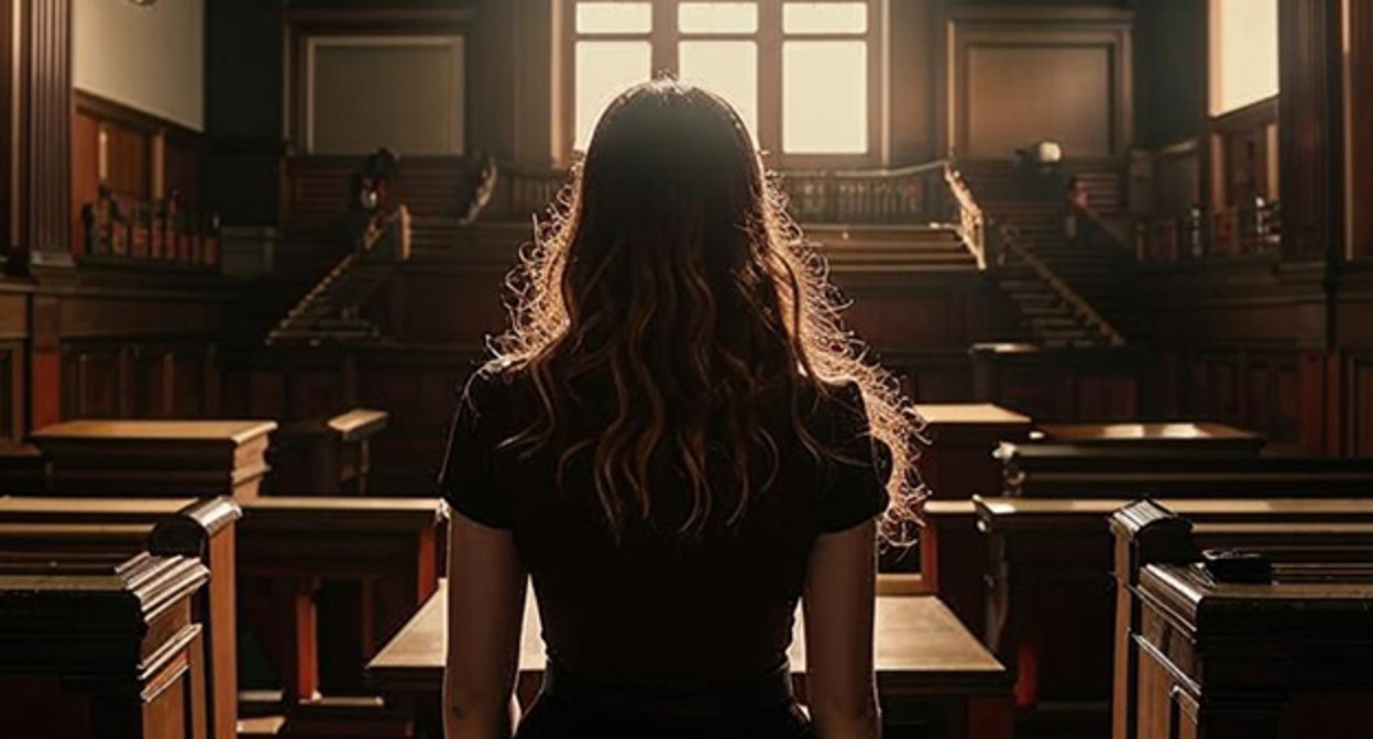 Женщина в зале суда. Иллюстрация "Кавказского узла", созданная с помощью программы Copilot