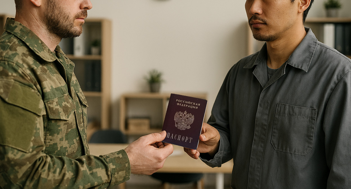 Военный передает паспорт мигранту. Иллюстрация создана "Кавказским узлом" с помощью ИИ в программе Copilot