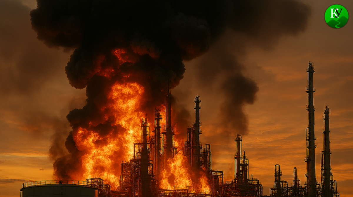 Пожар на нефтезаводе. Изображение создано "Кавказским узлом" при помощи ИИ в программе Copilot.