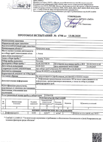 Протокол исследований воды в Утрише от 13.08.25, проведенный московской лабораторией "Лаб24". Скриншот фото из Telegram-канала "Анапа в объективе: блог Дениса" от 13.08.25, https://t.me/anapabloger/4566