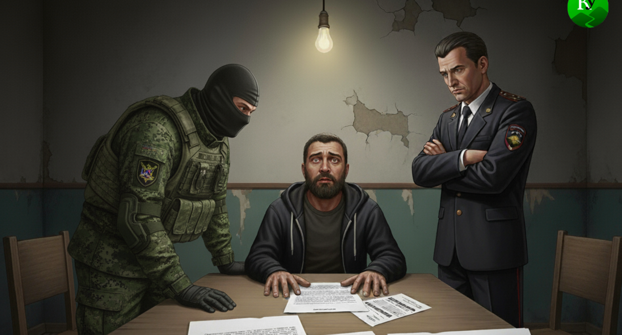Задержанный на допросе. Иллюстрация создана "Кавказским узлом" с помощью ИИ.