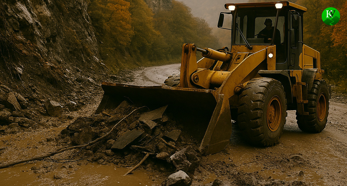 Уборка последствий схода селевых потоков. Иллюстрация создана «Кавказским узлом» с помощью ИИ в программе Copilot
