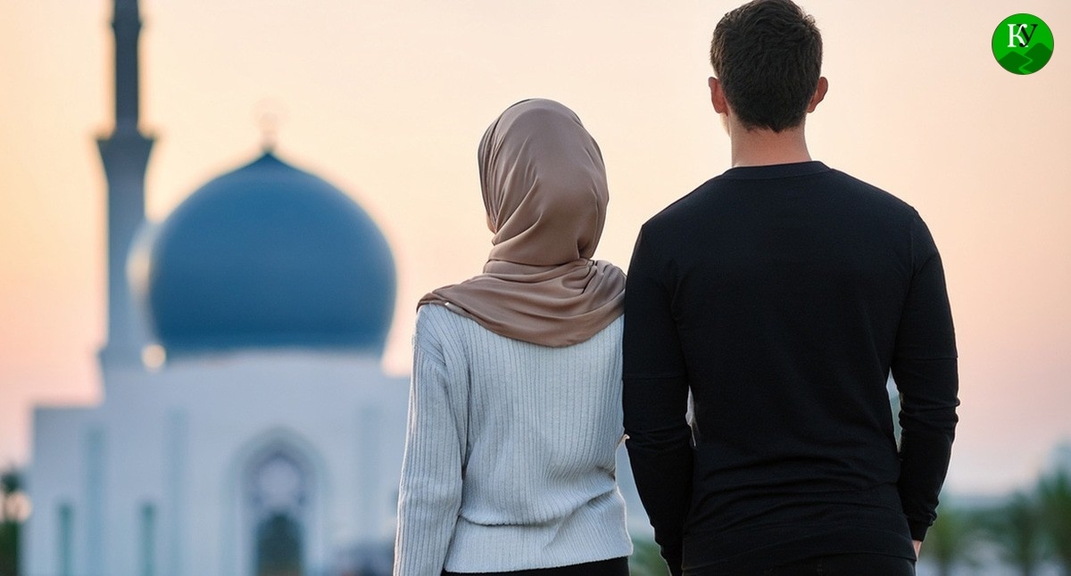 Пара на фоне мечети. Иллюстрация создана "Кавказским узлом" с помощью ИИ в программе Photoshop