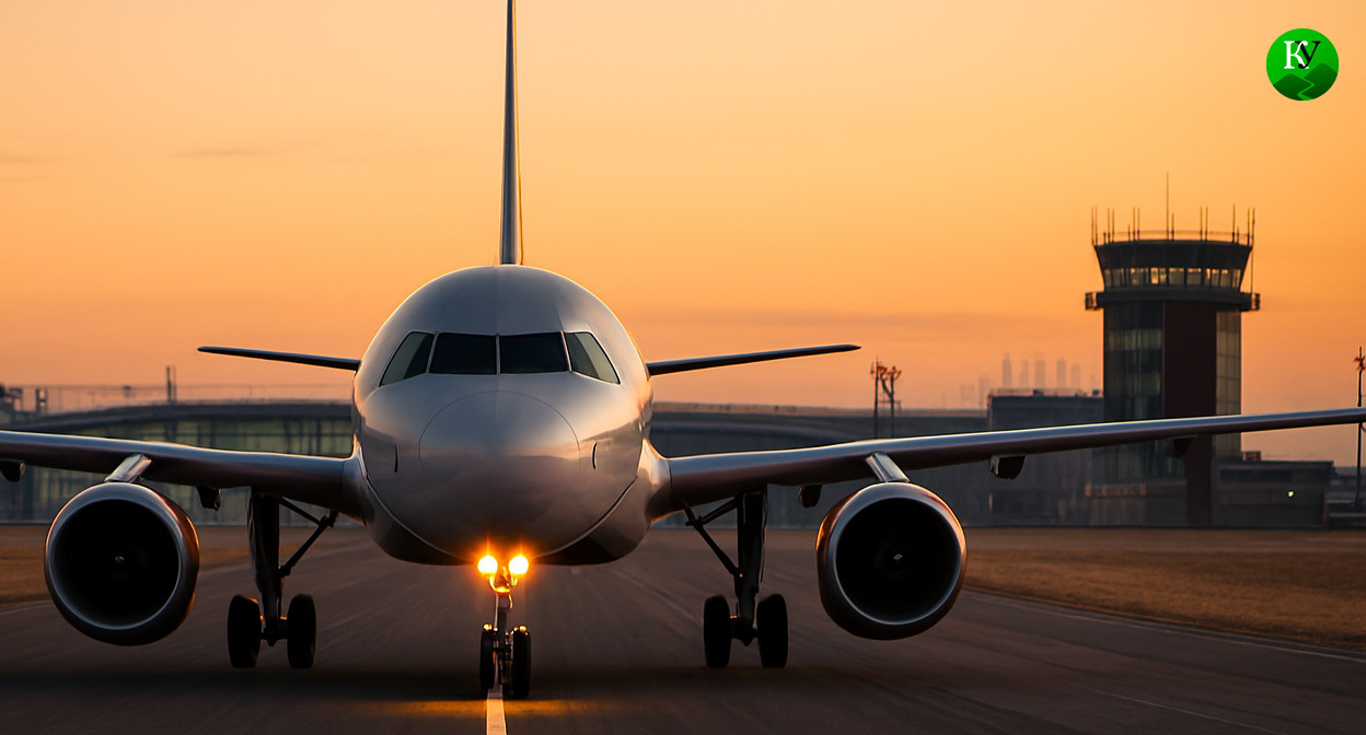Самолет на взлетной полосе. Иллюстрация создана "Кавказским узлом" с помощью ИИ в программе Copilot