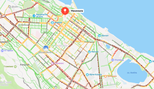 Пробки в Махачкале. Скриншот с сервиса "Яндекс.Карты" от 19.09.25, https://yandex.ru/maps/geo/makhachkala/53121881/?l=trf%2Ctrfe&ll=47.513653%2C42.968935&z=13.89