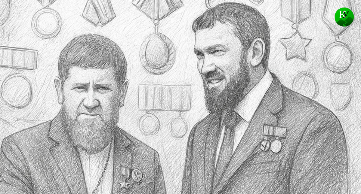Вручение Кадырову награды: звание героя Чечни. Иллюстрация создана "Кавказским узлом" с помощью ИИ в программе Copilot
