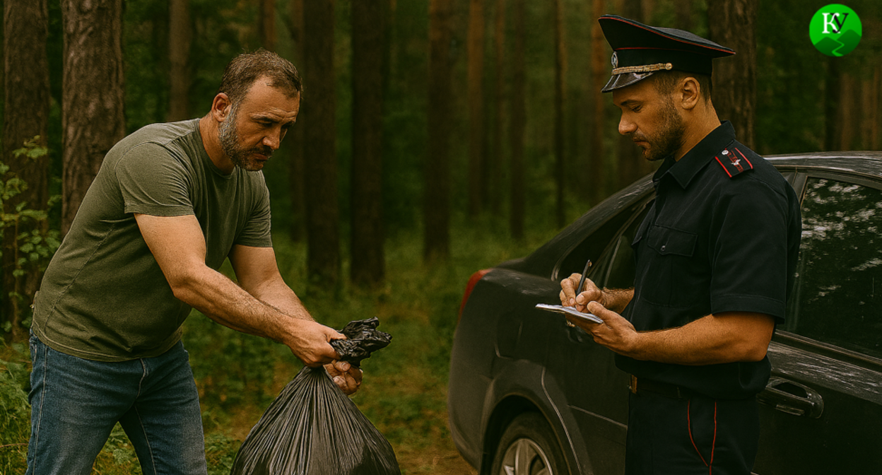 Сотрудник полиции составляет протокол на выбрасывающего мусор мужчину. Изображение создано "Кавказским узлом" при помощи ИИ в программе Copilot.