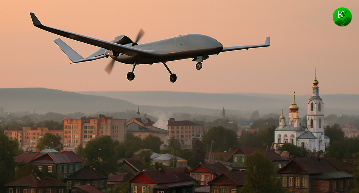 БПЛА над городом. Иллюстрация создана «Кавказским узлом» с помощью ИИ в программе Copilot