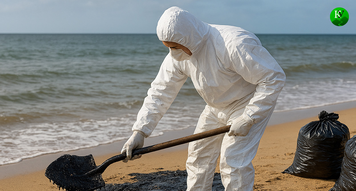 Уборка мазута на пляже. Иллюстрация создана «Кавказским узлом» с помощью ИИ в программе Copilot