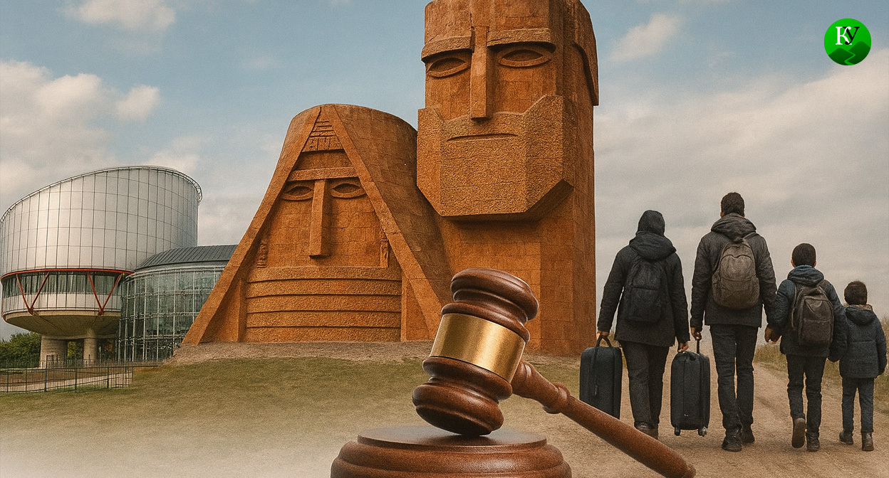 ЕСПЧ и карабахские беженцы. Иллюстрация создана «Кавказским узлом» с помощью ИИ в программе Copilot