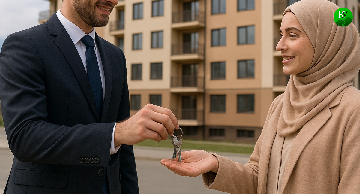 ЧИновник передает ключи от квартиры. Иллюстрация создана «Кавказским узлом» с помощью ИИ в программе Copilot