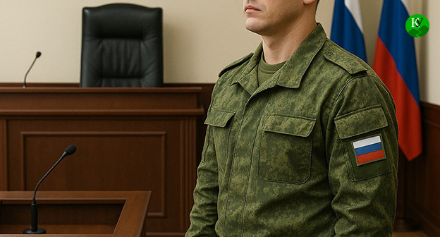 Военнослужащий в зале суда. Иллюстрация "Кавказского узла" созданная ИИ при помощи программы Copilot