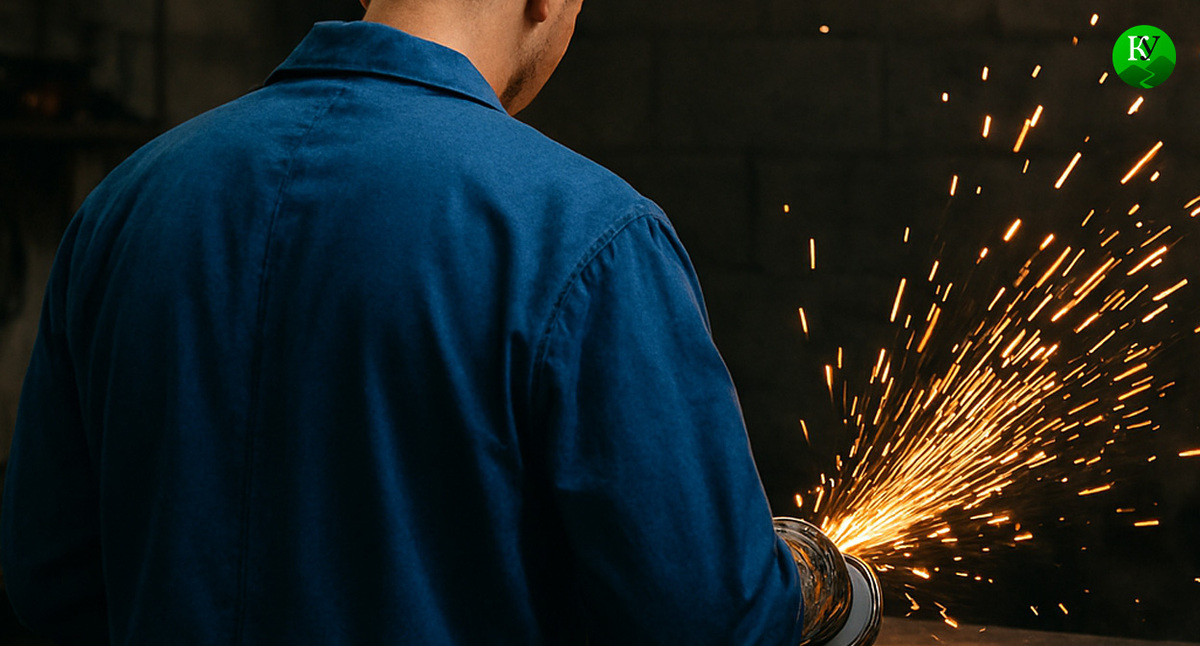 Мужчина шлифует снаряд. Иллюстрация создана «Кавказским узлом» с помощью ИИ в программе Copilot