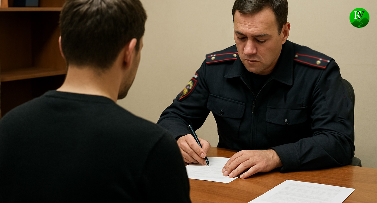 Силовик записывает показания. Иллюстрация создана «Кавказским узлом» с помощью ИИ в программе Copilot