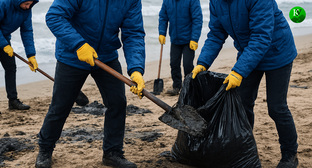 Волонтеры убирают загрязнение. Иллюстрация создана «Кавказским узлом» с помощью ИИ в программе Copilot