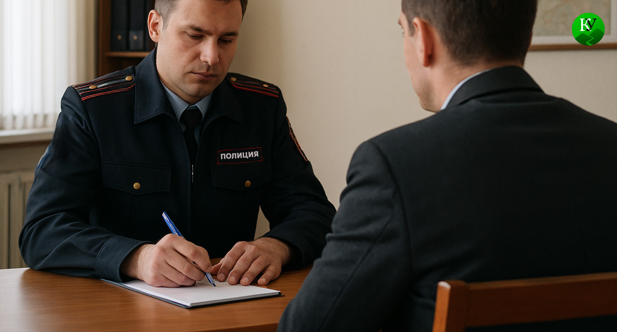 Полицейский записывает показания депутата. Иллюстрация создана «Кавказским узлом» с помощью ИИ в программе Copilot