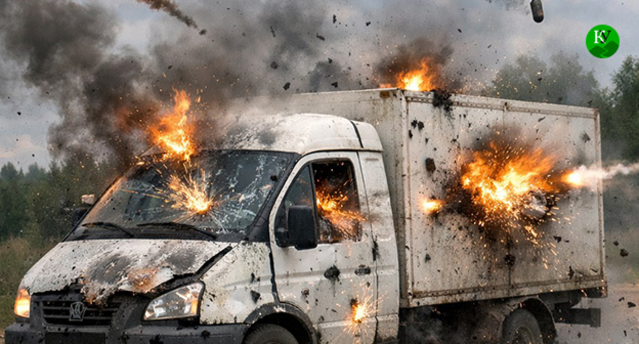 Обстрел автомобиля "Газель" беспилотниками. Иллюстрация создана "Кавказским узлом" при помощи ИИ в программе Copilot