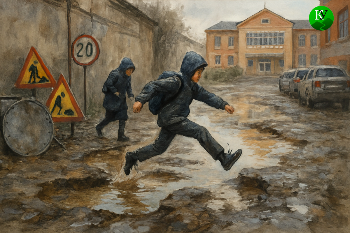Разбитая улица у школы. Иллюстрация создана "/Кавказским узлом" с помощью ИИ в программе Copilot