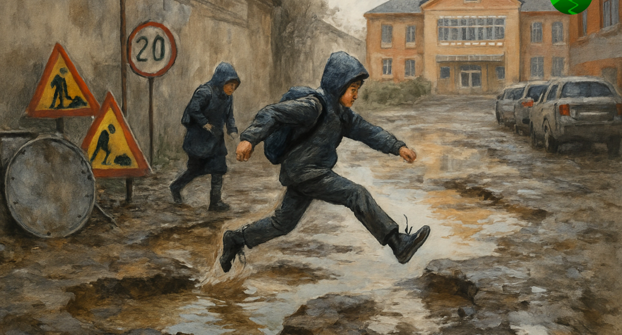 Разбитая улица у школы. Иллюстрация создана "/Кавказским узлом" с помощью ИИ в программе Copilot