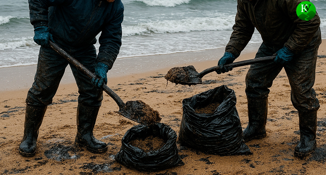 Уборка мазута. Иллюстрация создана «Кавказским узлом» с помощью ИИ в программе Copilot