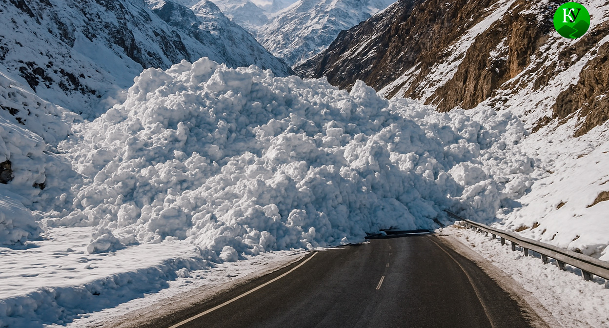 Лавина сошла на трассу. Иллюстрация создана «Кавказским узлом» с помощью ИИ в программе Copilot