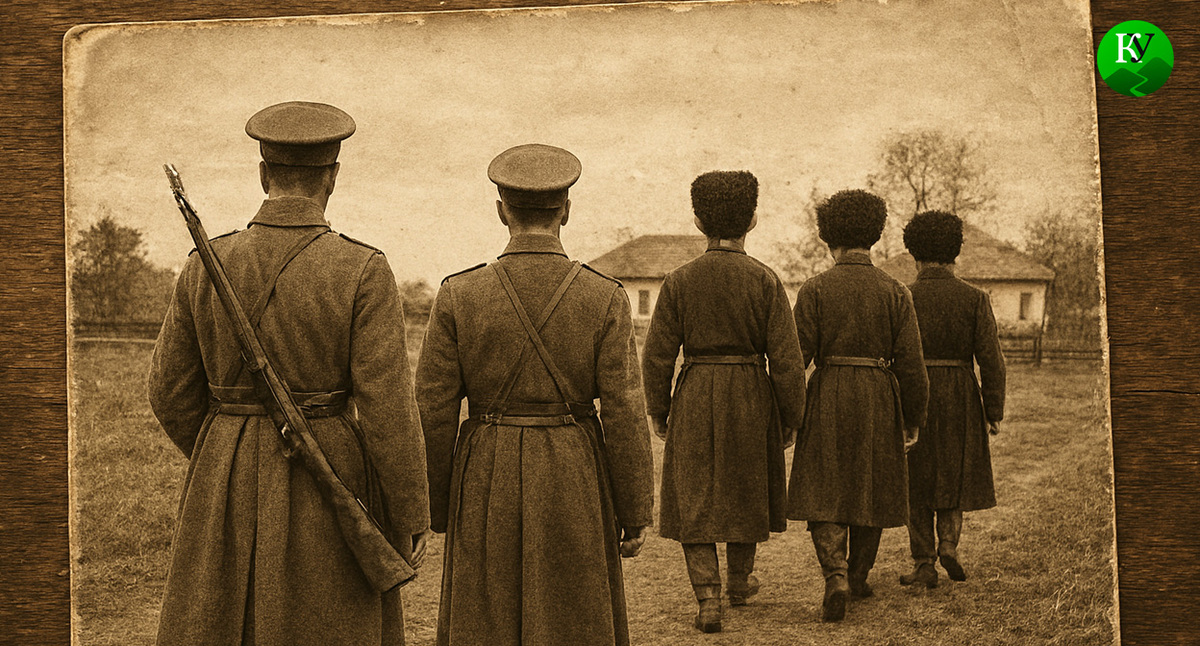 Военные красной армии и Казаки. Иллюстрация создана «Кавказским узлом» с помощью ИИ в программе Copilot