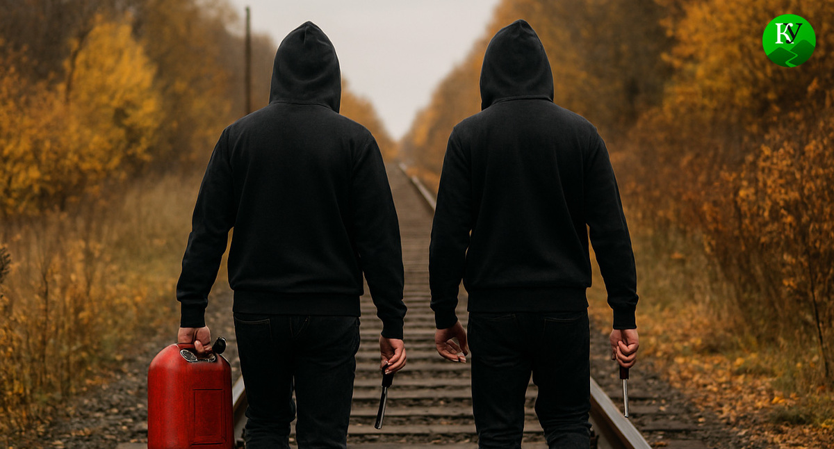 Поджигатели на железной дороге. Иллюстрация создана «Кавказским узлом» с помощью ИИ в программе Copilot