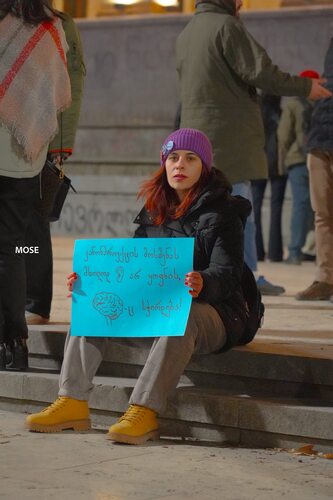 Кадр протестующая в Тбилиси у здания парламента с плакатом:"для принятия законопроекта нужно не только ухо, но и мозги". Фото: Mo Se / Facebook