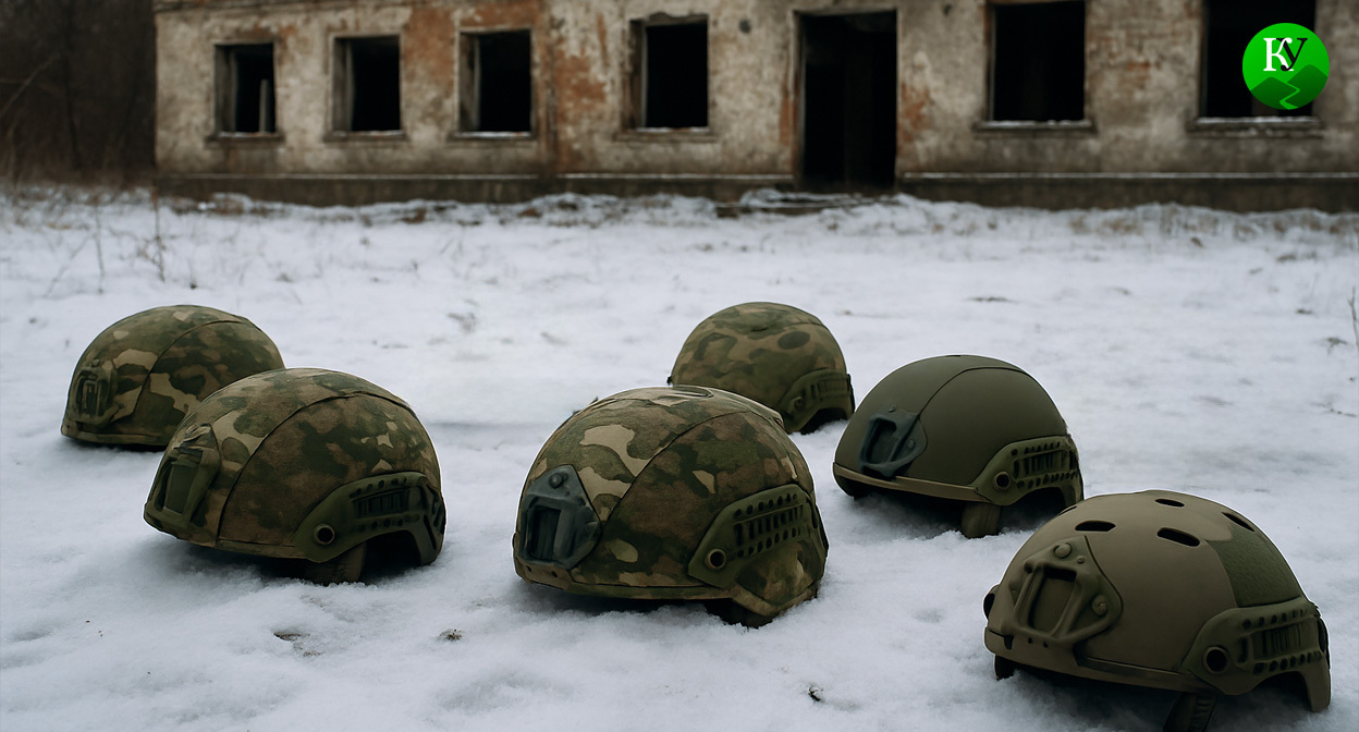Каски военных. Иллюстрация создана «Кавказским узлом» с помощью ИИ в программе Copilot