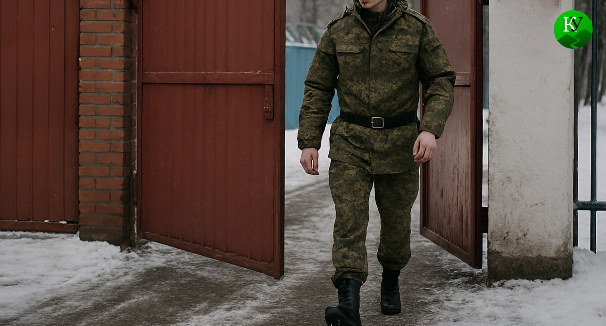 Военный покидает часть. Иллюстрация создана «Кавказским узлом» с помощью ИИ в программе Copilot