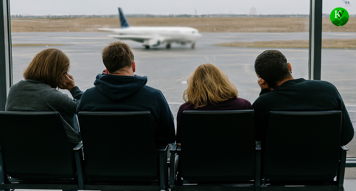 Пассажиры в ожидании рейса. Иллюстрация создана «Кавказским узлом» с помощью ИИ в программе Copilot